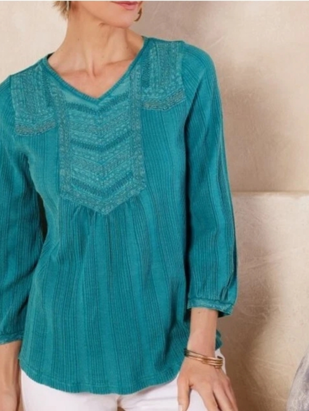 Soft Surroundings Teal Green Swept Away Embroidered Tunic Top Shirt 3/4 Sleeve S